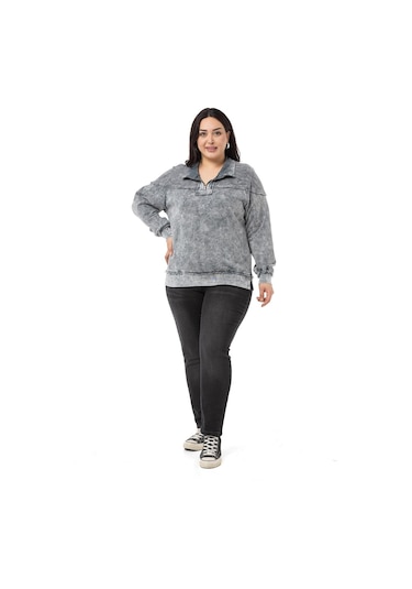 Büyük Beden Pis Dikişli Fermuarlı Yırtmaçlı Parça Boyalı Gri Sweatshirt-gri Gri