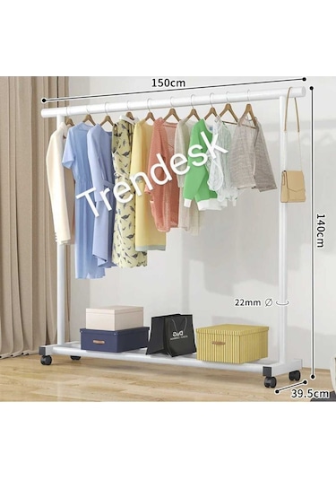 Metal Beyaz Konfeksiyon Askısı Ayaklı Askılık Elbise Askılığı Tekerlekli 150 140cm Beyaz