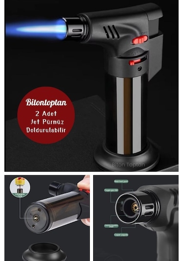 2 Adet Pürmüz Doldurulabilir Çakmak 1300 C Torch Depolu Orta Boy Siyah