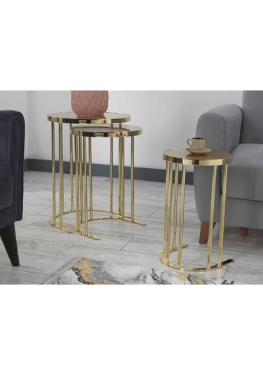 Premium Zigon Sehpa & Yan Sehpa 3'lü Yuvarlak Sehpa Hıgh Gloos Mdf Altın Yuvarlak