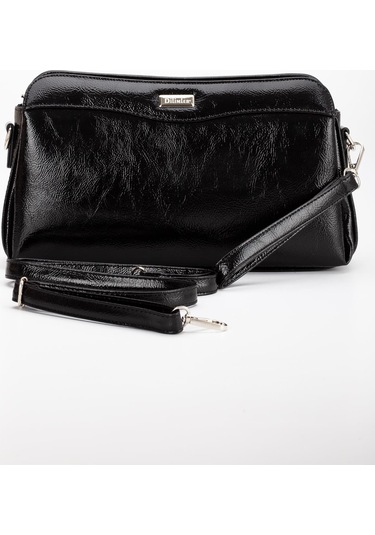 Kadın Portföy Cüzdan Çanta Siyah Rugan 3 Bölmeli Uzun Kısa Askılı-3225 Siyah