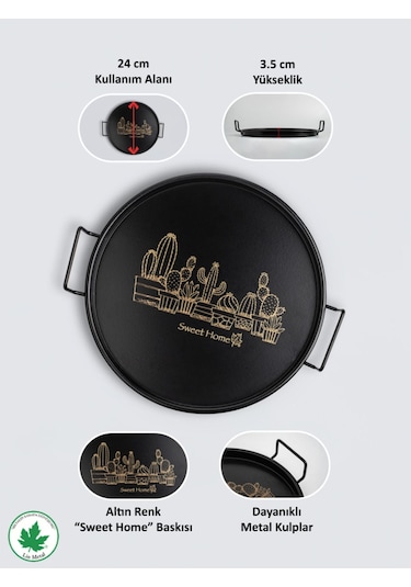 Lin Metal 24cm Yuvarlak Tel Kulplu Tepsi Kaktüs Baskılı - Siyah