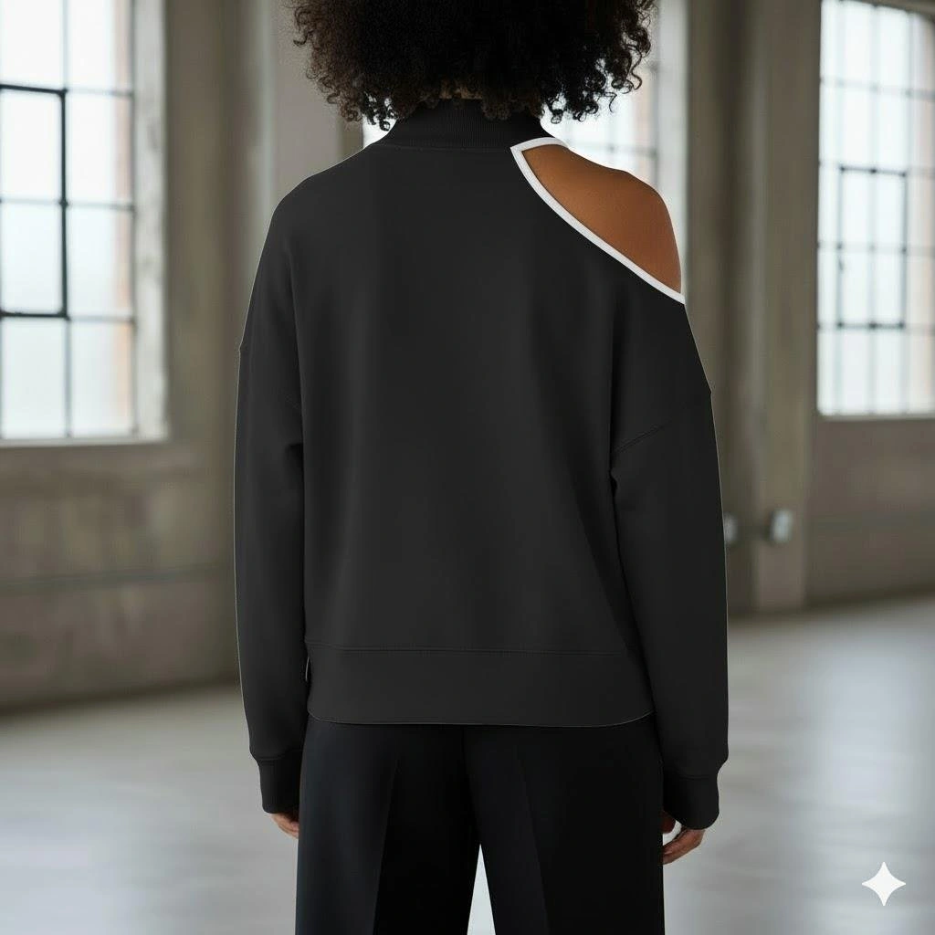 Modern Açık Omuz Tek Omuz Balıkçı Yaka Kadın Sweatshirt - Siyah Rengi Siyah