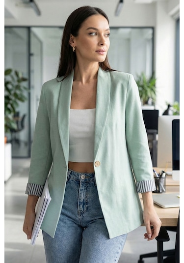 Armonika Kadın Mint Kol İçi Çizgili Tek Düğmeli Ceket Arm-22k001122
