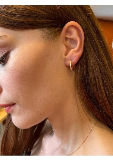 Altın Tek Düz Desenli Halka Küpe 1.6 Cm Gizli Kilit