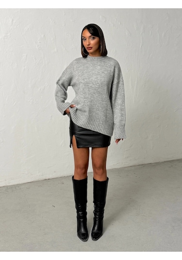 Kadın Yumuşak Dokulu Bisiklet Yaka Oversize Basic Triko Kazak Gri