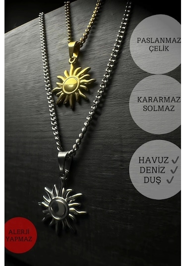 Güneş Charmlı Düz Model Çelik Zincir Çift Kolyesi Eclipse Serisi Altın - Gümüş