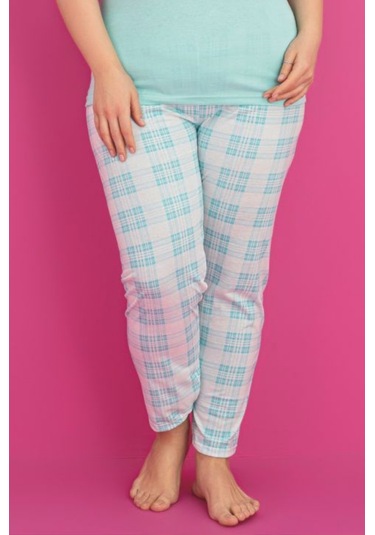 X-dreamy Büyük Beden Pamuklu Ekose Kareli Kısa Kollu Pijama Takımı Mavi