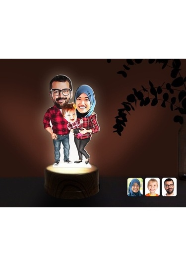 Kişiye Özel Tesettürlü Aile Karikatürlü Dekoratif 3D Biblo Led Iş (483006964)