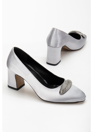 Kadın Siletto Topuklu Ayakkabı Gümüş Saten Taşlı Kalın Topuklu-4168 GUMUS