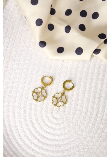 Lekka Design Sedefli Dörtlü Kalp Kararmaz Çelik Çiçek Kadın Küpe Çelik