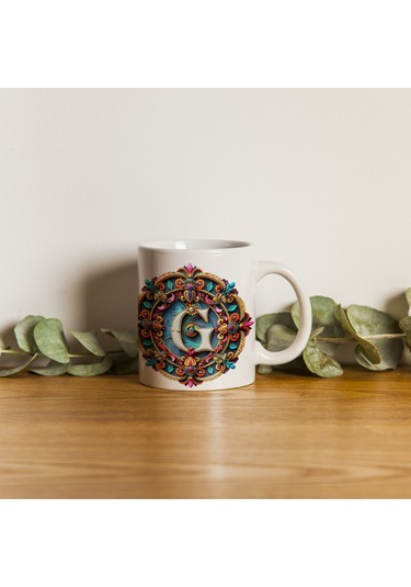 G Harfi Boho Bardak, Renkli Özel Tasarım Hediyelik Harfli Kupa, 330ml Porselen Beyaz