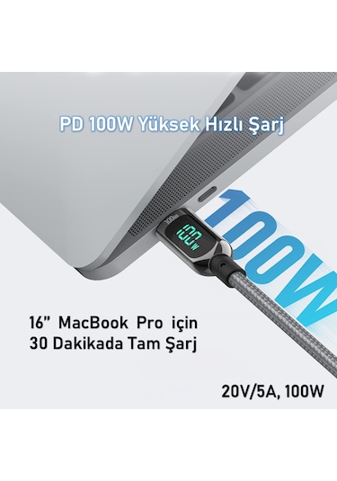 SooPii S10CC PD 100W Led Ekranlı Type-C to Type-C Data Şarj Kablosu