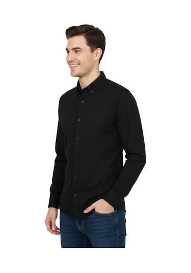 Rasstmen Erkek Spor Slim Fit Uzun Kol Petek Dokulu Gömlek Bgl-st04823 Siyah