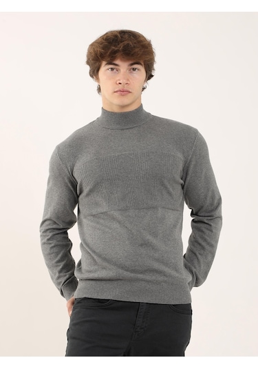 Dufy Gri Melanj Erkek Regular Fit Dik Yaka Triko - 90649 Gri Melanj
