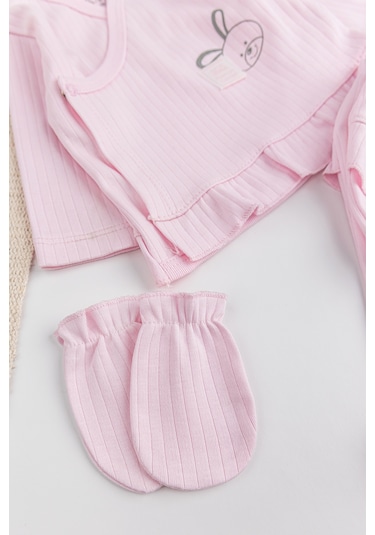 Tavşan Figürlü Pamuklu 5 Parça Kız Bebek Hastane Çıkışı Bebek Takımı Pembe