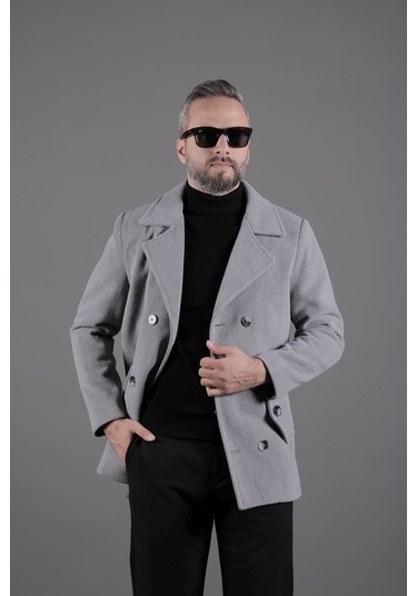 Ohepmoda Desenli Kruvaze Erkek Kaşe Kaban Koyu Gri
