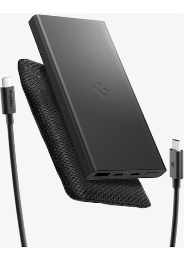 Spigen 10000 Mah Slim Alüminyum Kasa 22,5w Usb-c + Usb-a Giriş / Çıkış Hızlı Şarj 3 Portlu Powerbank / 1 Metre Type-c Harici Kablolu Taşınabilir Şarj Cihazı + Taşıma Çantası Ea2210 Black Siyah