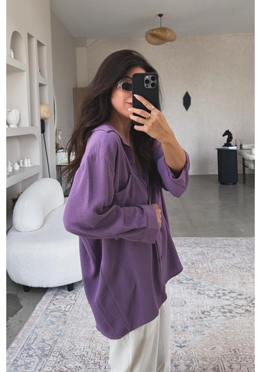 Paw Garage Kadın Flory Ayrobin Oversize Tek Cep Gömlek Mor