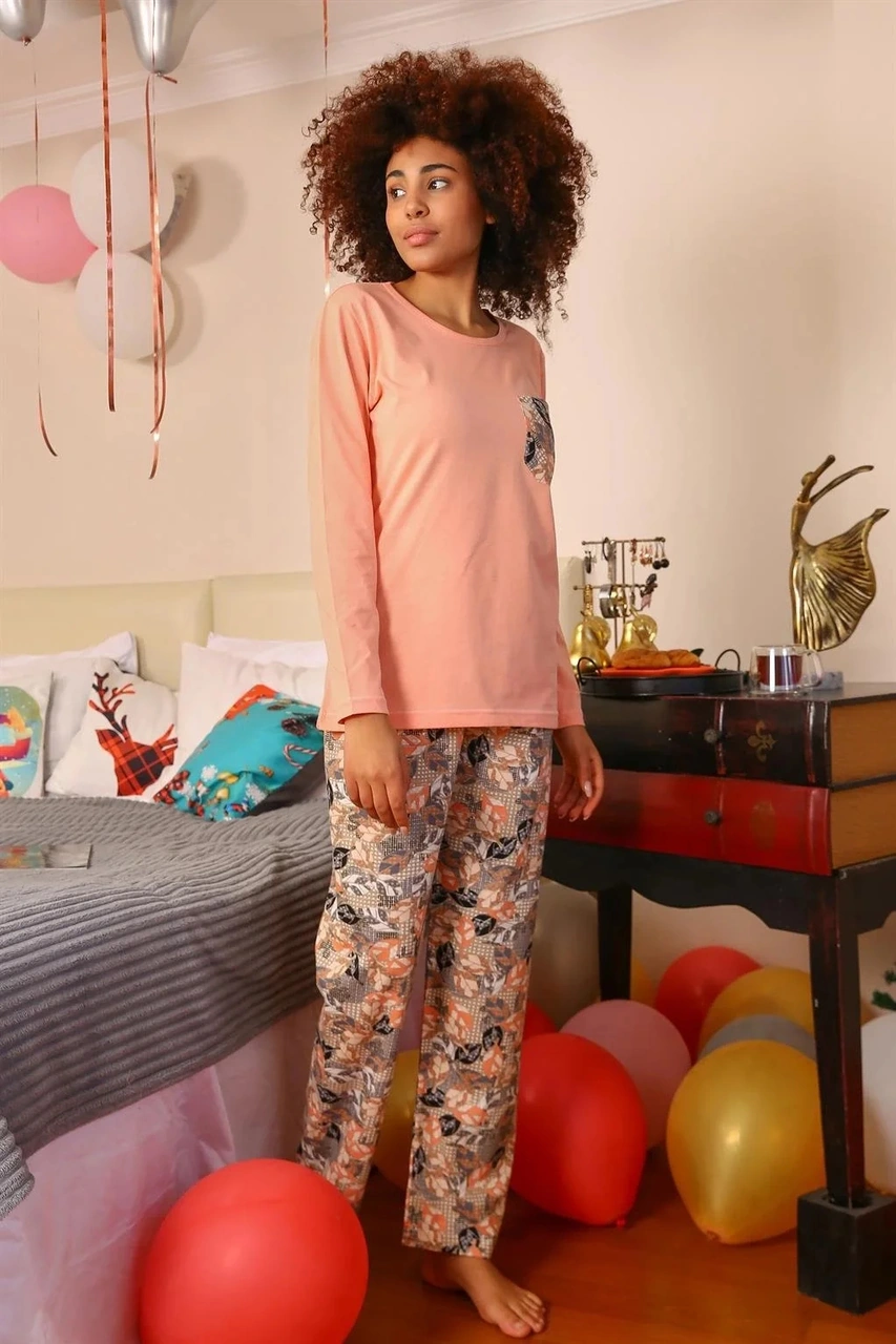 Moda Kadın Uzun Kol Penye Pijama Takım Yavruağzı YAVRUAĞZI