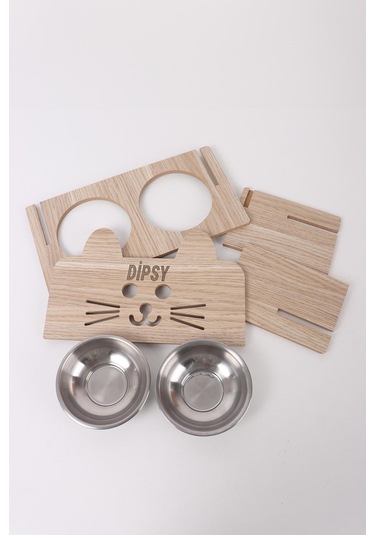 Gobypet Ahşap Özel İsim Baskılı Kulaklı Kedi Mama Su Kabı Standı