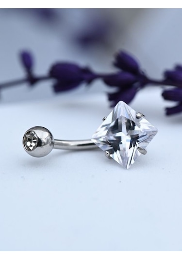 Çift Zirkon Taş Kare Detay Göbek Piercing 316l Cerrahi Çelik-gbkpr74 Çok Renkli