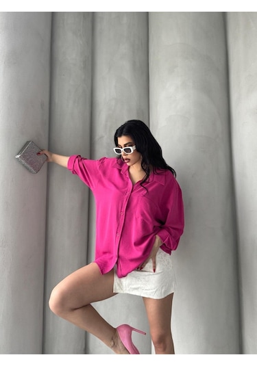 Paw Garage Kadın Flory Ayrobin Oversize Tek Cep Gömlek Pembe
