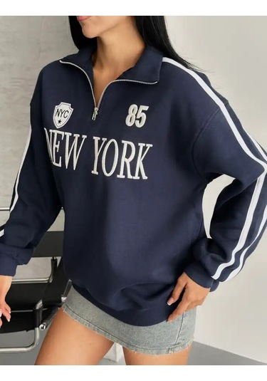 Yarım Fermuarlı Newyork Yazılı Sweat Lacivert