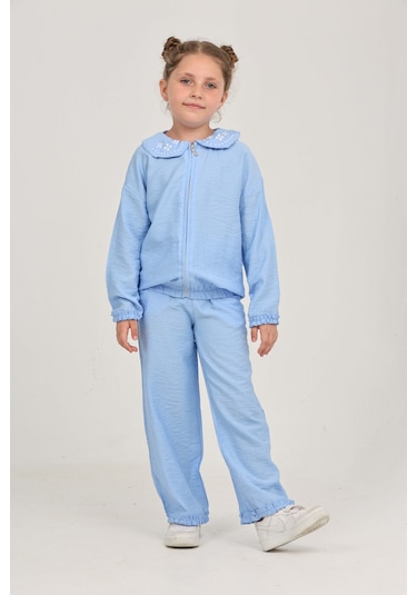 Toontoy Kız Çocuk Yaka Nakışlı Eşofman Takım Açık Mavi