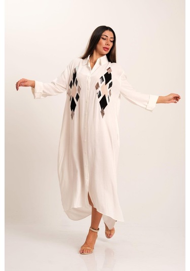 Kadın Beyaz Önü Pul Payet Aplike Nakışlı Kolu Apoletli Uzun Gömlek Elbise-beyaz Beyaz