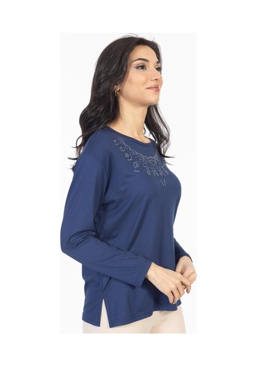Yeni Model Taş İşlemeli Yuvarlak Yaka Likralı Anne Penye Bluz 6420-indigo İndigo