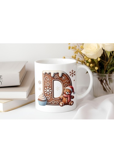 D Kurabiye Harf Ve Ayıcık Detaylı Kupa Bardak - Yeni Yıl / Yılbaşı Temalı Tasarım - Noel Hediye Beyaz