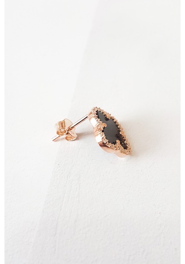 MorMajor Silver Tekli Siyah Mineli Yonca Gümüş Küpe-6539