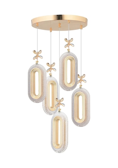 Alfa Led 5'li Gold 3 Renk Ledli Kristal Taşlı Modern Led Avize Gold