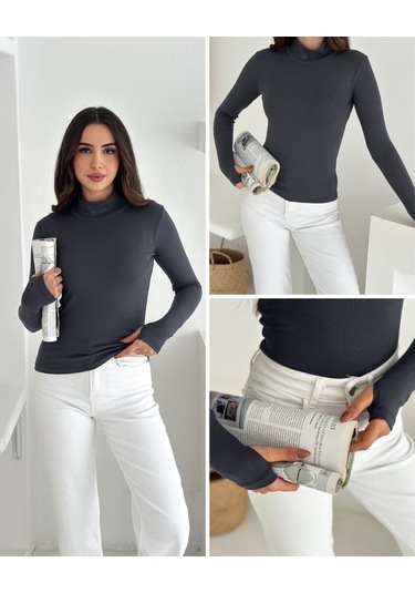 Kadın Yarım Balıkçı Yaka Parmak Geçmeli Full Likralı Buzz Body Antrasit