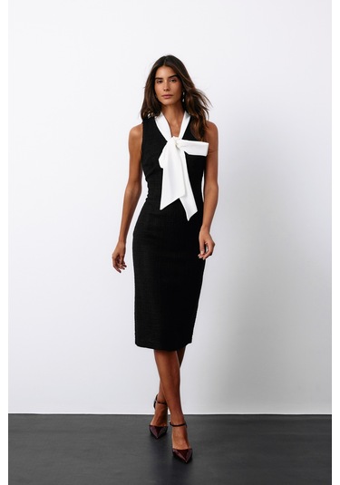 Sateen Fularlı Kolsuz Tüvit Elbise - Siyah-135147 Siyah