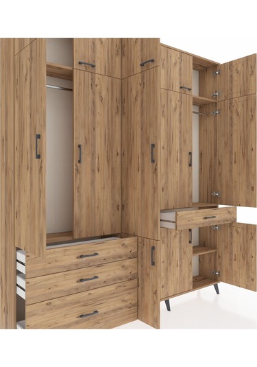 Arges Dolap 8 Raflı 4 Çekmeceli 3 Askılı 220x30x243 Çam-çam/çam Atlas Çam/atlas Çam