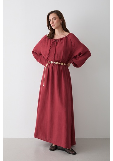 Kiremit Bağlama Detaylı Müslin Elbise - 2004 Kiremit