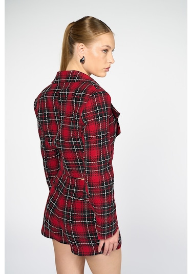 Kadın Kırmızı Ekoseli Crop Blazer Kırmızı