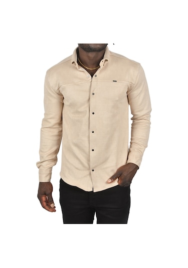Deepsea Erkek Krem Likralı Çıtçıtlı Kırışmayan Süet Kumaş Slim Fit Cepsiz Mevsimlik Gömlek 2500556 False Krem