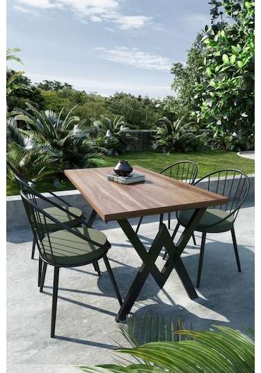 Evdemo Eylül 4 Kişilik Balkon Bahçe Masa Takımı Ceviz - Haki