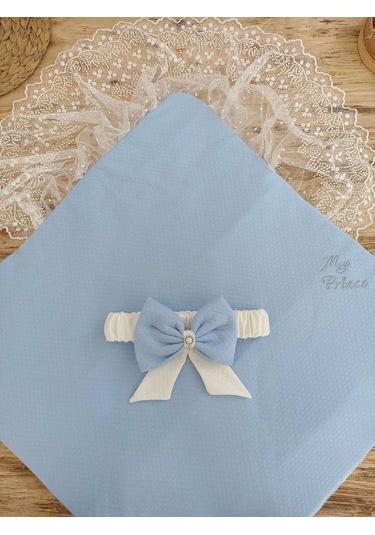 Bal Peteği My Prince Taç Nakışlı İnci Fiyonklu Dantel Duvaklı Delüks Kundak Bebek Battaniyesi Mavi