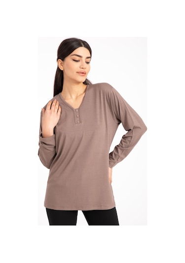 Kadın Orta Yaş ve Üzeri Dört Mevsim V Yaka Rahat Kalıp Likralı Viskoz Anne Penye Bluz 140-Vizon