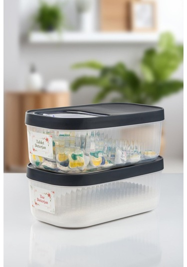 2'li 5 Lt Multibox Kayar Kapaklı Saklama Kabı Toz Ve Tablet Deterjan Kutusu Siyah