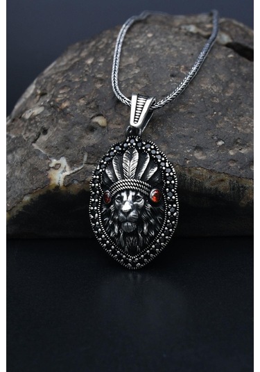 Kızılderili Aslan Figürlü 925 Ayar Erkek Gümüş Kolye Zincir 901306 Gümüş