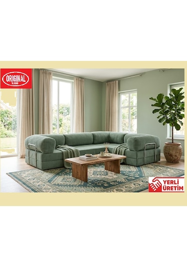 Herev Max 300x200 Kk Köşe Koltuk Takımı / Fitilli Kadife Kumaşlı Şark Köşe Yeşil