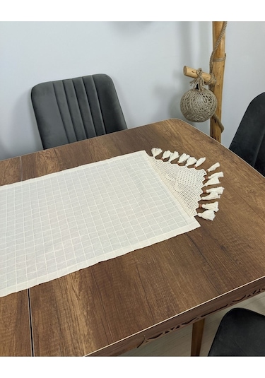 El Dantelli Püsküllü Runner Ranır Örtü Buldan Işi Monika Keten Sehpa Masa Üstü Örtüsü Şömen 45x100