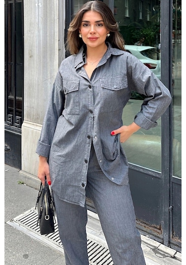 Antrasit Uzun Tunik Gömlek & Beli Lastikikli Rahat Pantolon - Yıkamalı Kot Kumaş Alt Üst Takım Antrasit