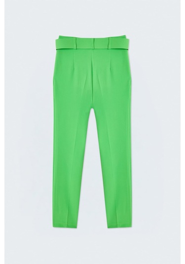 Sateen Yüksek Bel Kemerli Pantolon - Açık Yeşil-132384