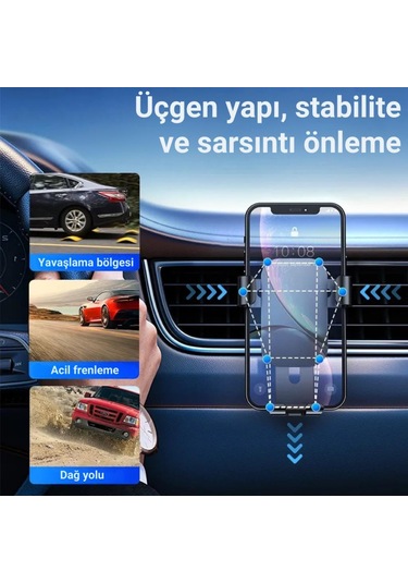 Polham Havalandırma Girişli Araç Telefon Tutucu, Titremez Düşmez Otomatik Kilitli Telefon Tutucu Siyah
